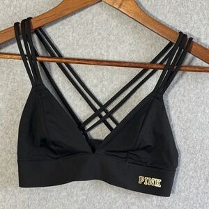 Victoria's Secret PINK Black Strappy Cage Bralette Gold Logo Wireless Small
